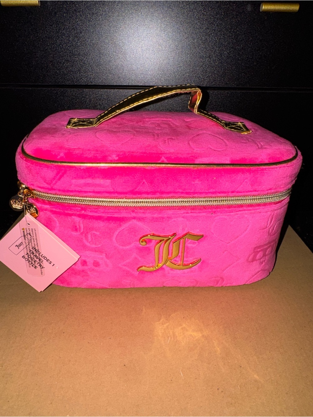 Juicy Couture Hot Pink Velvet Cosmetic Train Case with Gold Hardware NWT